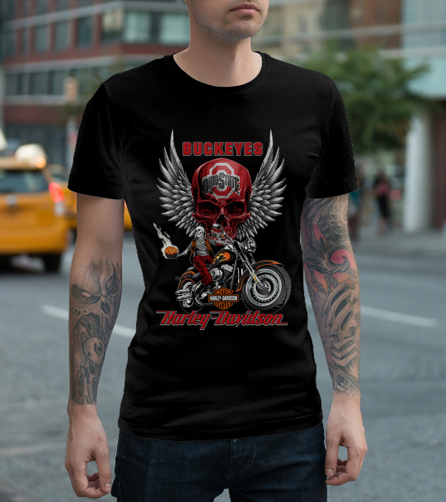 Buckeyes Ohio State Skull Harley Davidson Motor Cycles Wings Basketball T-Shirt