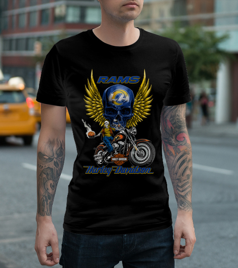 Harley Davidson Rams Skull With Los Angeles Nfl Motorcycle And Flaming Ball T-Shirt