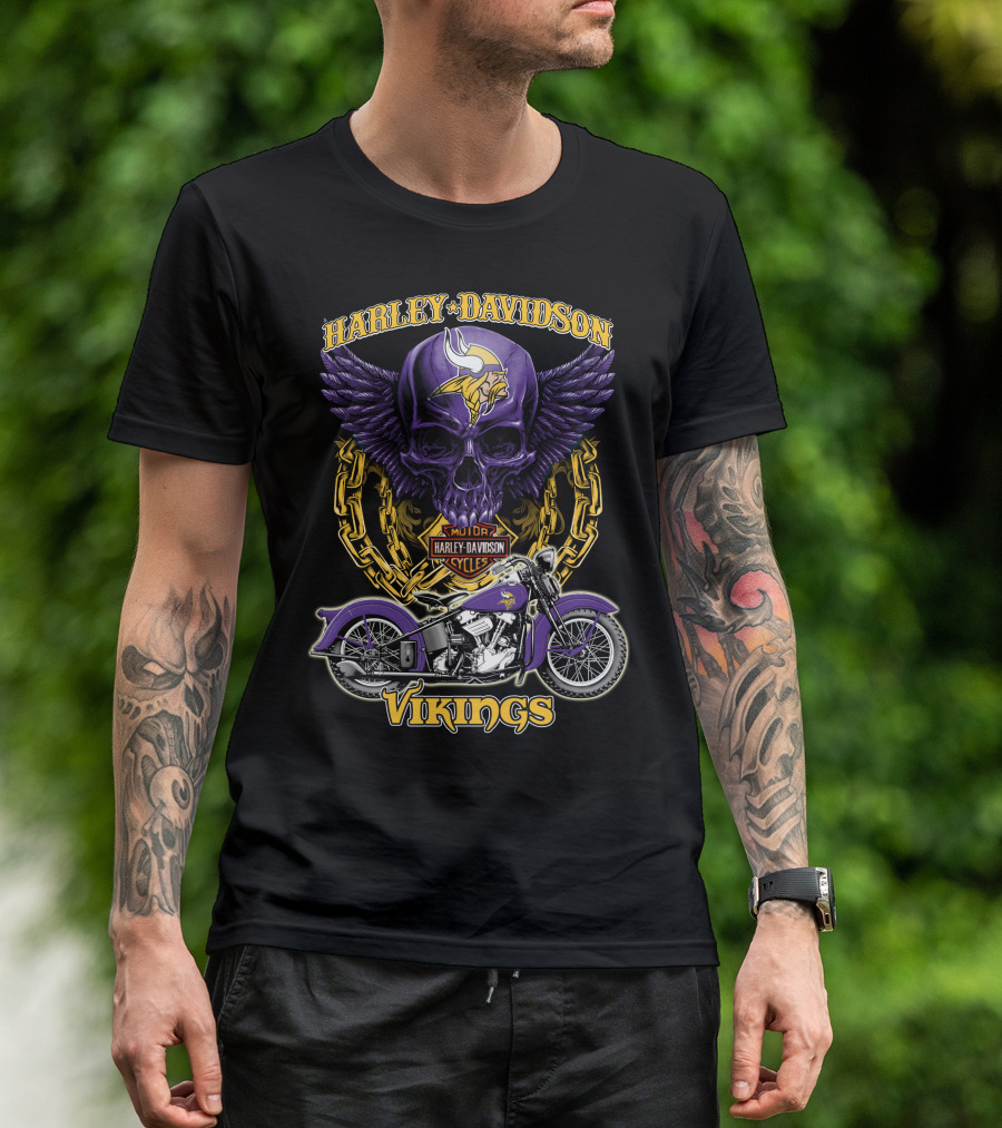 Harley Davidson Minnesota Vikings Nfl Motorcycle Cycles Skull T-Shirt