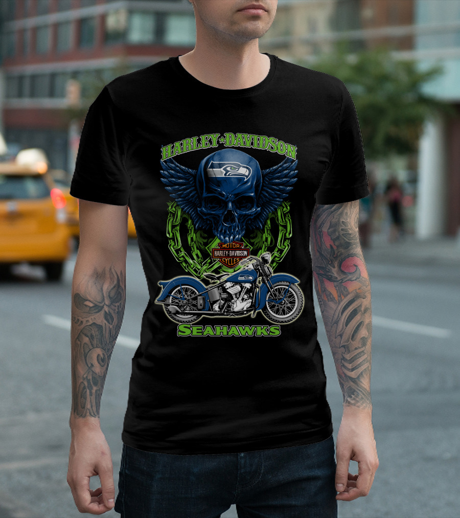 Harley Davidson Motorcycles Skull With Seattle Seahawks Logo And Bike Nfl Hd18 T-Shirt