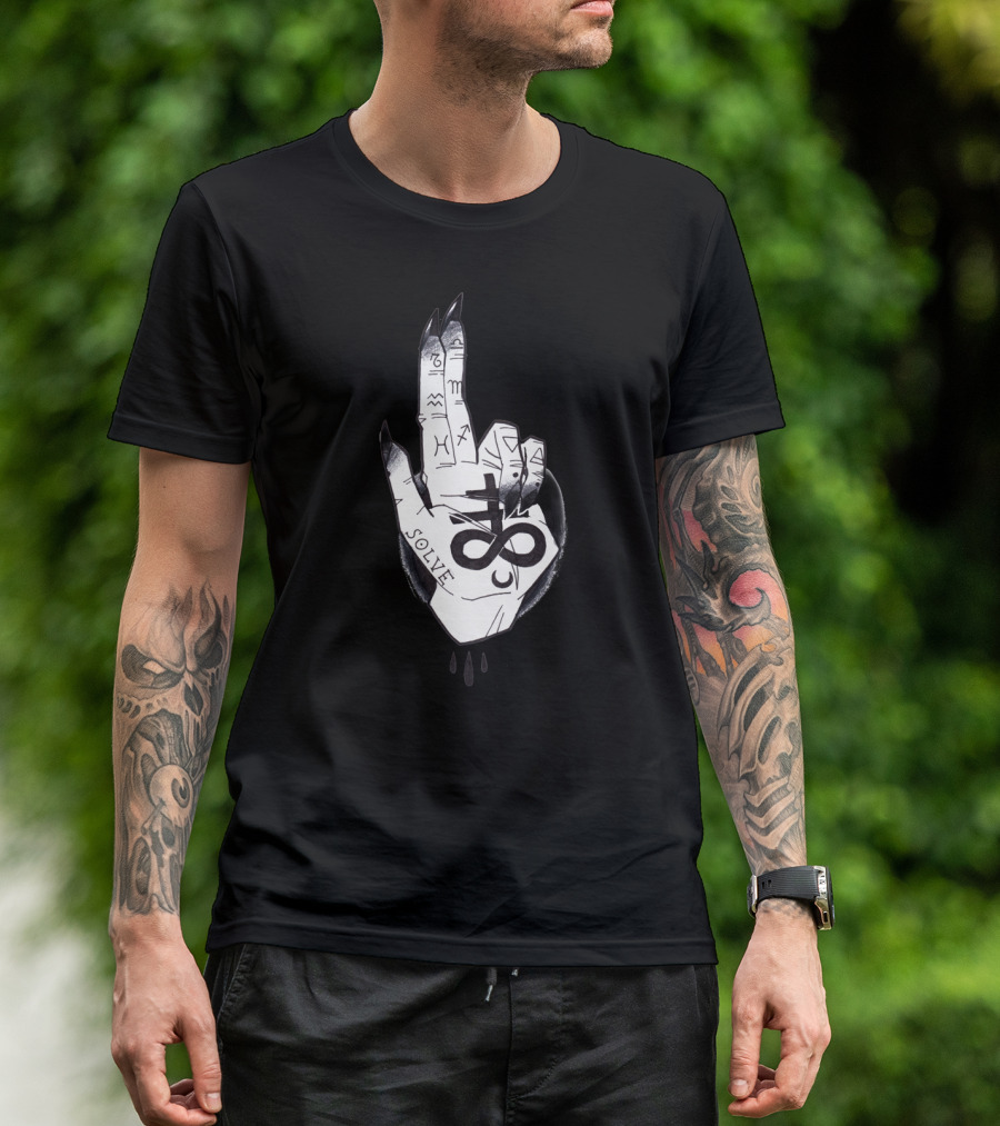 Solve Symbolic Ouroboros Demon Hand With Occult Runes And Droplets T-Shirt