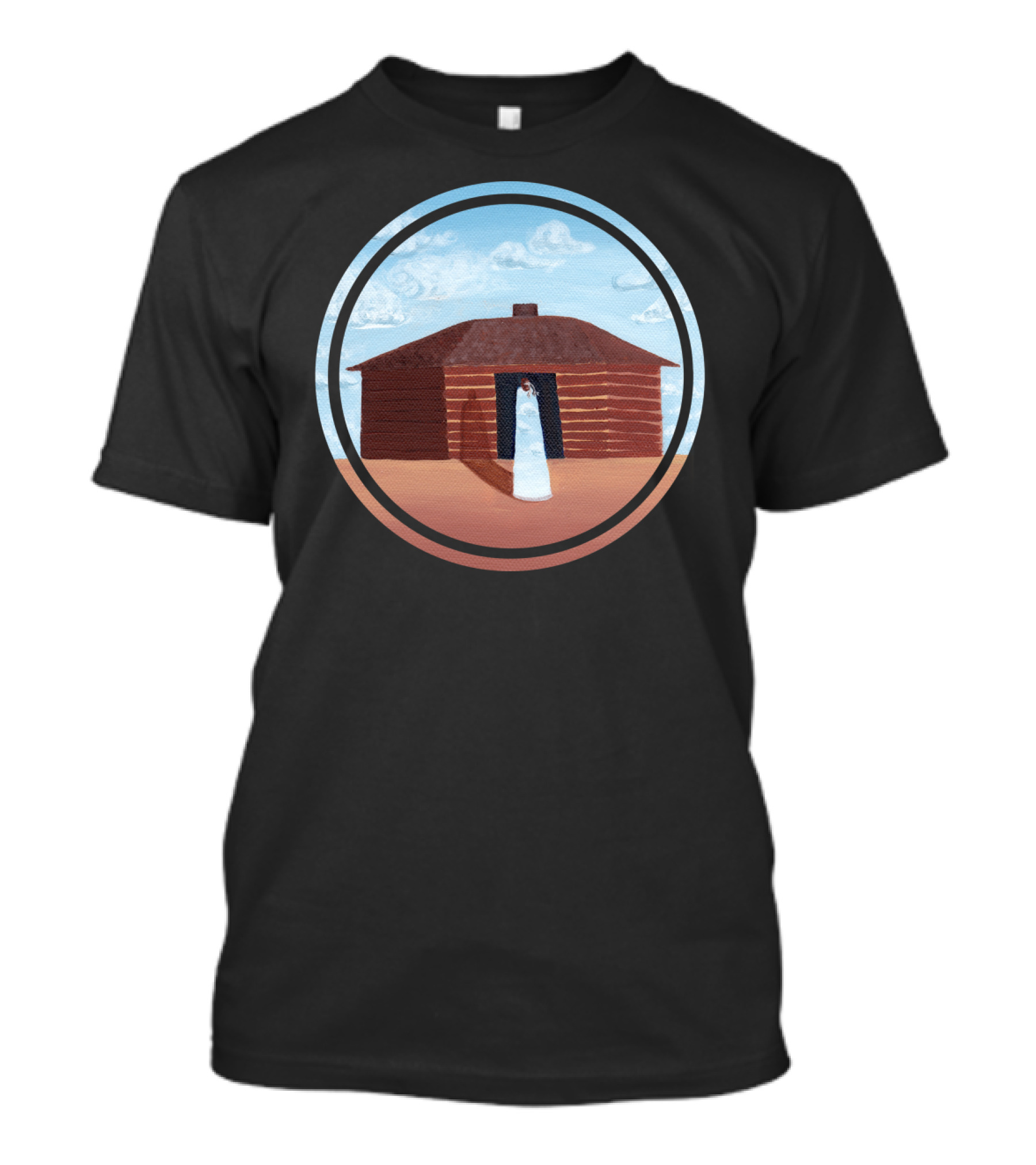 Cloud Bow Sky Log House With Bride In Doorway T-Shirt