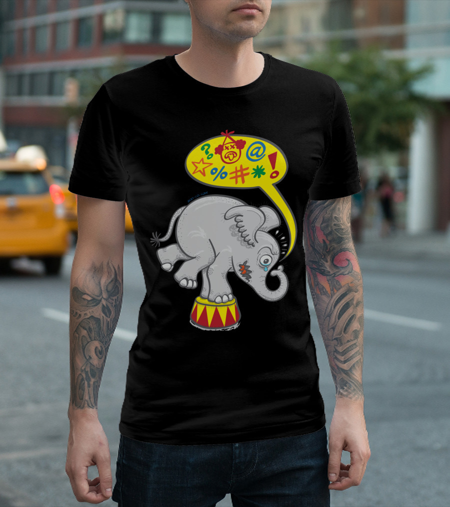 Circus Elephant Balancing on Pedestal with Angry Emoji Expression and Colorful Swear Symbols T-Shirt