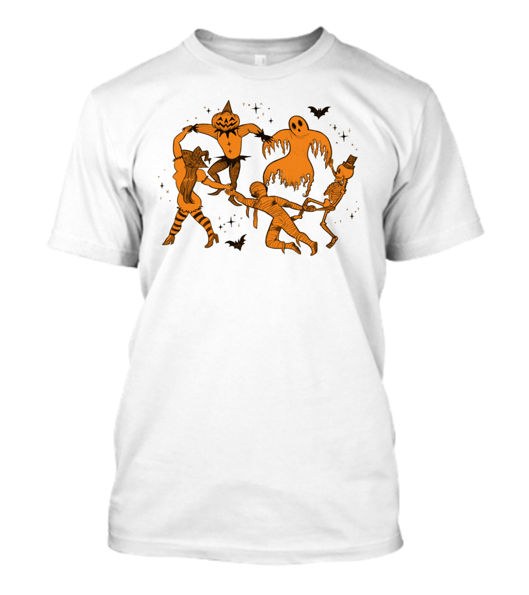 Ghostly Pumpkin Skeleton Mummy Halloween Dance With Bats T-Shirt