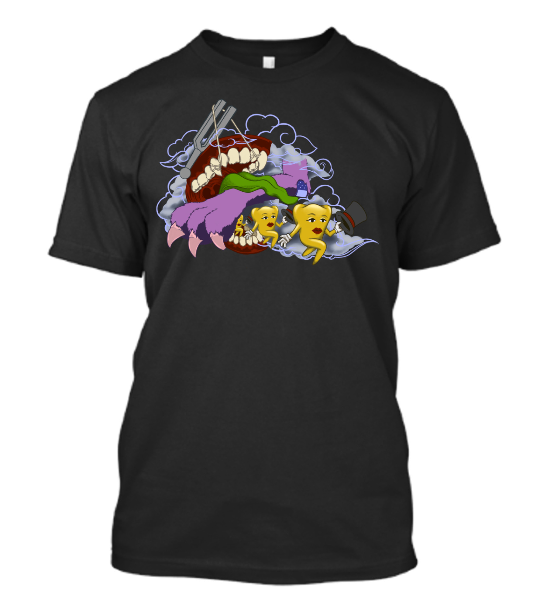 Fantasy Dental Hygiene Adventure With Anthropomorphic Tooth Characters And Surreal Backdrop T-Shirt