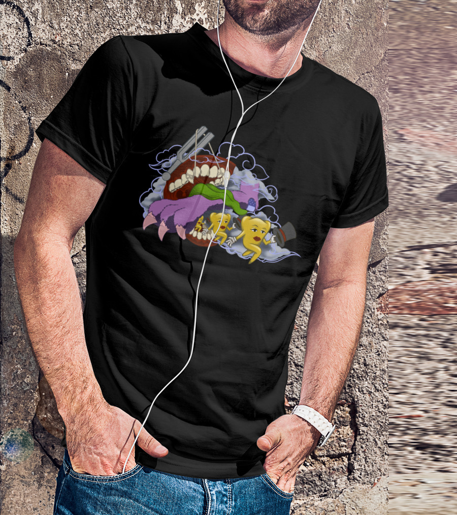 Fantasy Dental Hygiene Adventure With Anthropomorphic Tooth Characters And Surreal Backdrop T-Shirt