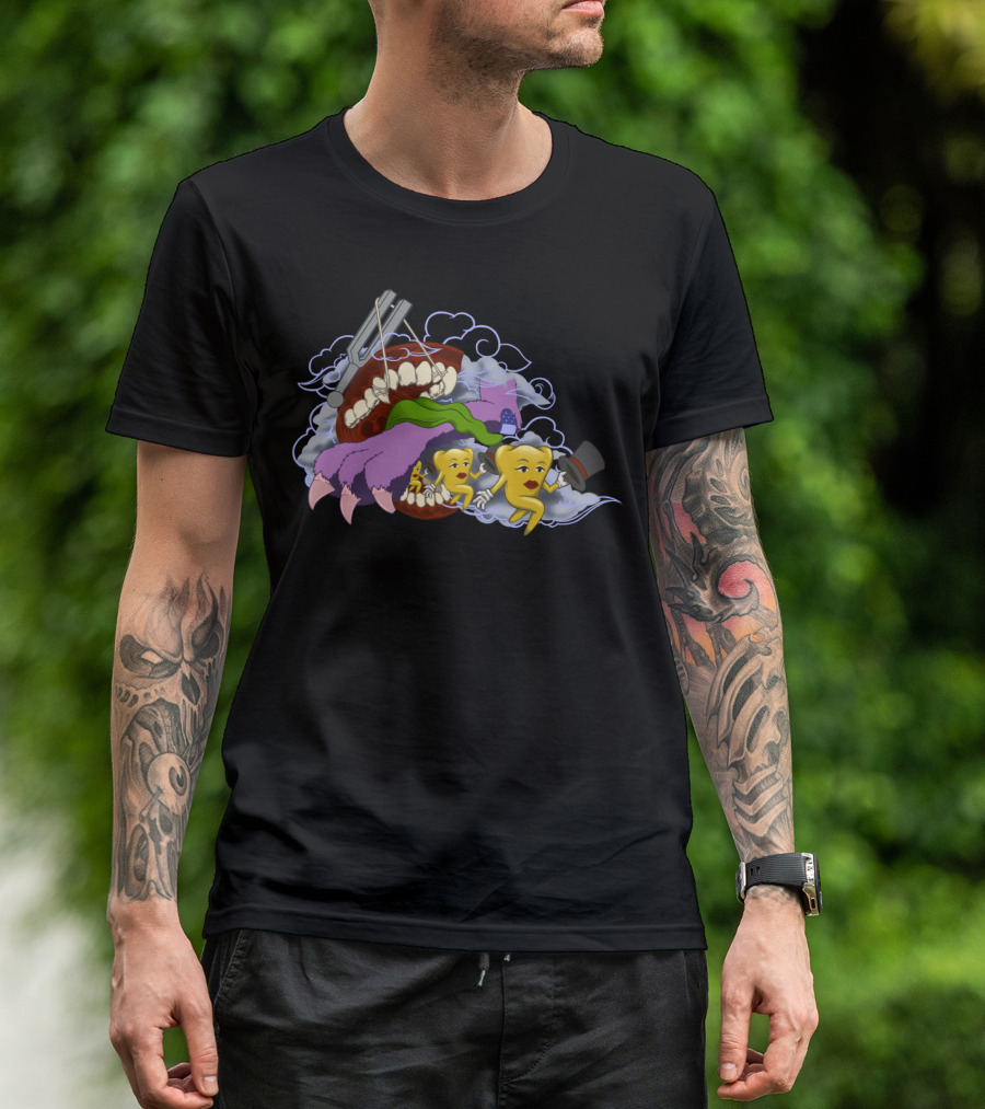 Fantasy Dental Hygiene Adventure With Anthropomorphic Tooth Characters And Surreal Backdrop T-Shirt