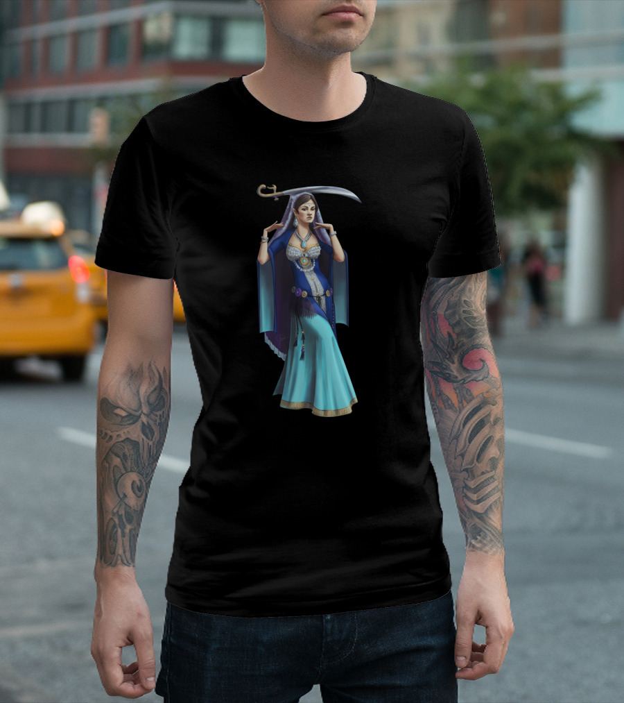 Winter Dancer Enchanting Ice Queen in Elegant Blue Gown with Ornate Sword T-Shirt
