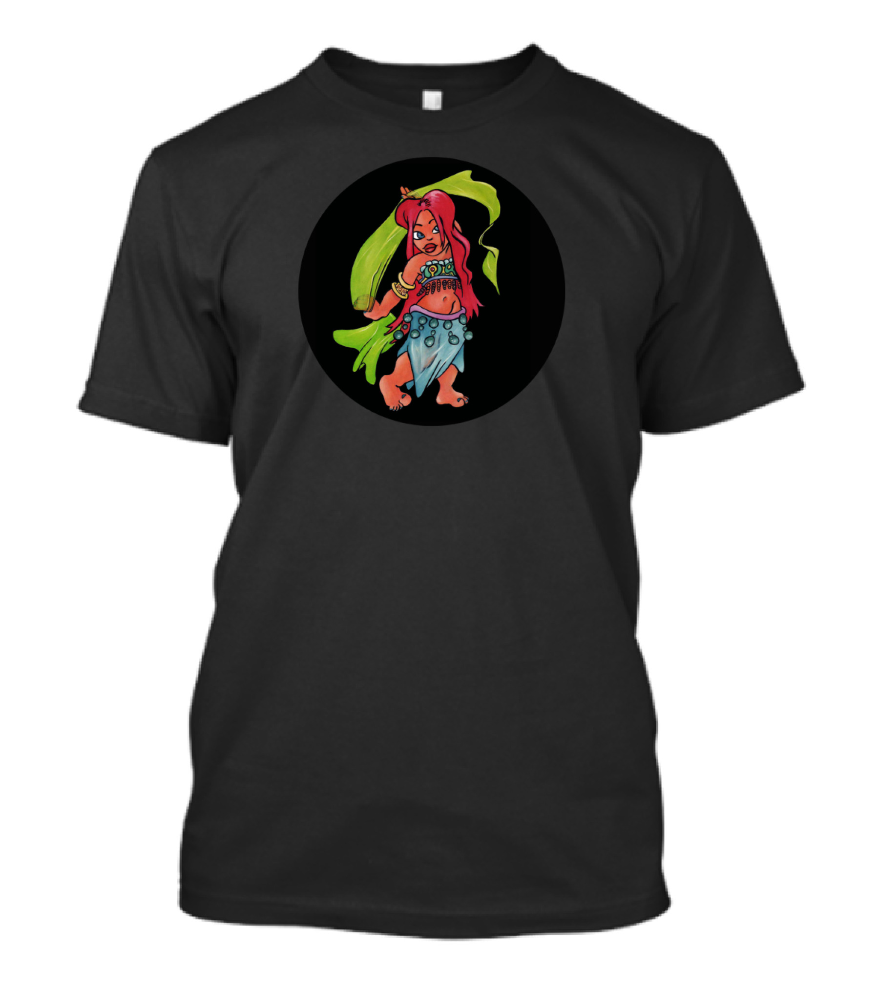 Belly Dancer Cartoon Illustration With Flowing Red Hair And Green Veil T-Shirt
