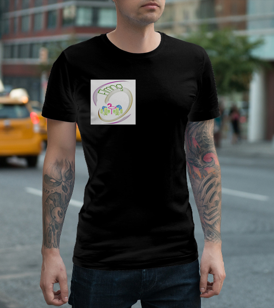 Flmng Flamingo Cityscape With Abstract Swirl T-Shirt