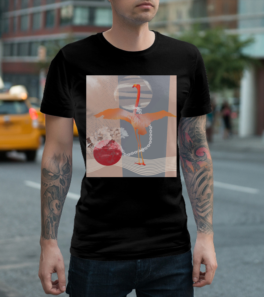 Flamingo in Chains with Striped Moon and Floral Abstract Elements T-Shirt