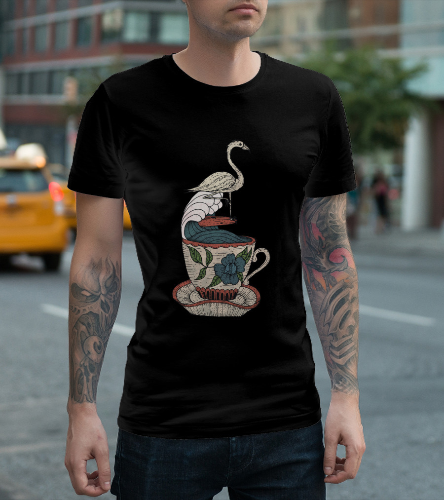 Flamingo on Floral Tea Cup Wave Adventure T-Shirt