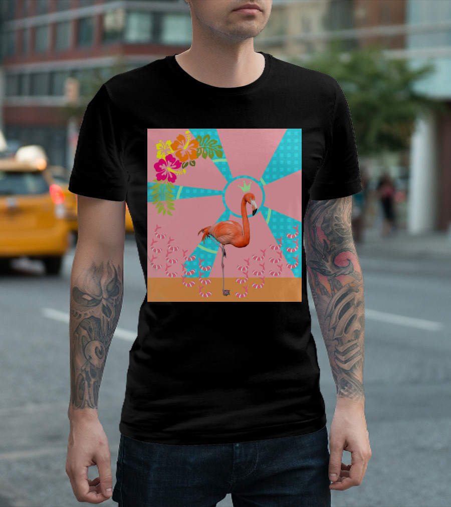 Flamingo Crown with Tropical Flowers and Candy Cane Stripes T-Shirt