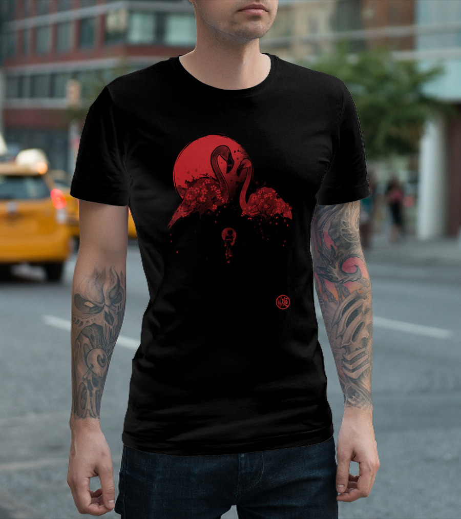 Flamingo Garden Red Moon Sakura Bridge Scene T-Shirt