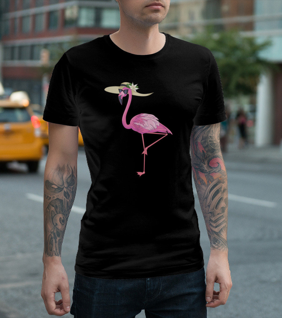 Flamingo Chick with Sun Hat and Sunglasses on One Leg T-Shirt