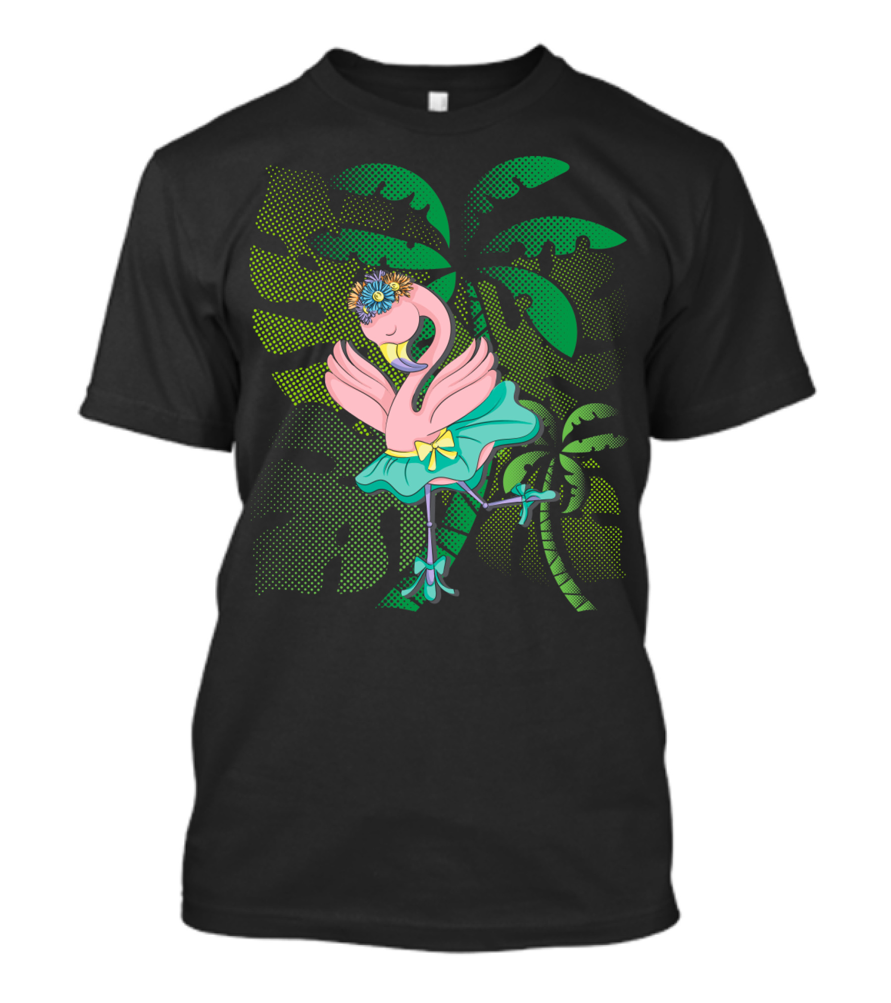 Flamingo Ballerina Tropical Ballet With Floral Headdress And Palm Leaves T-Shirt