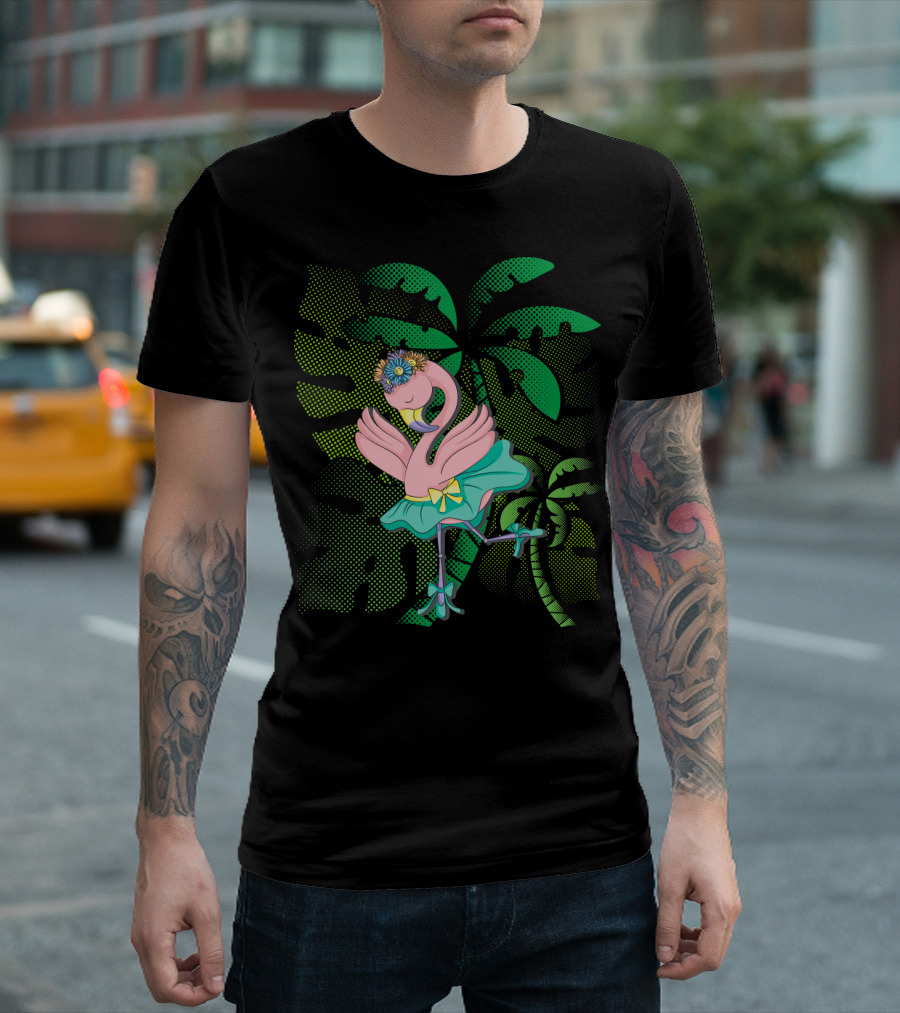 Flamingo Ballerina Tropical Ballet With Floral Headdress And Palm Leaves T-Shirt