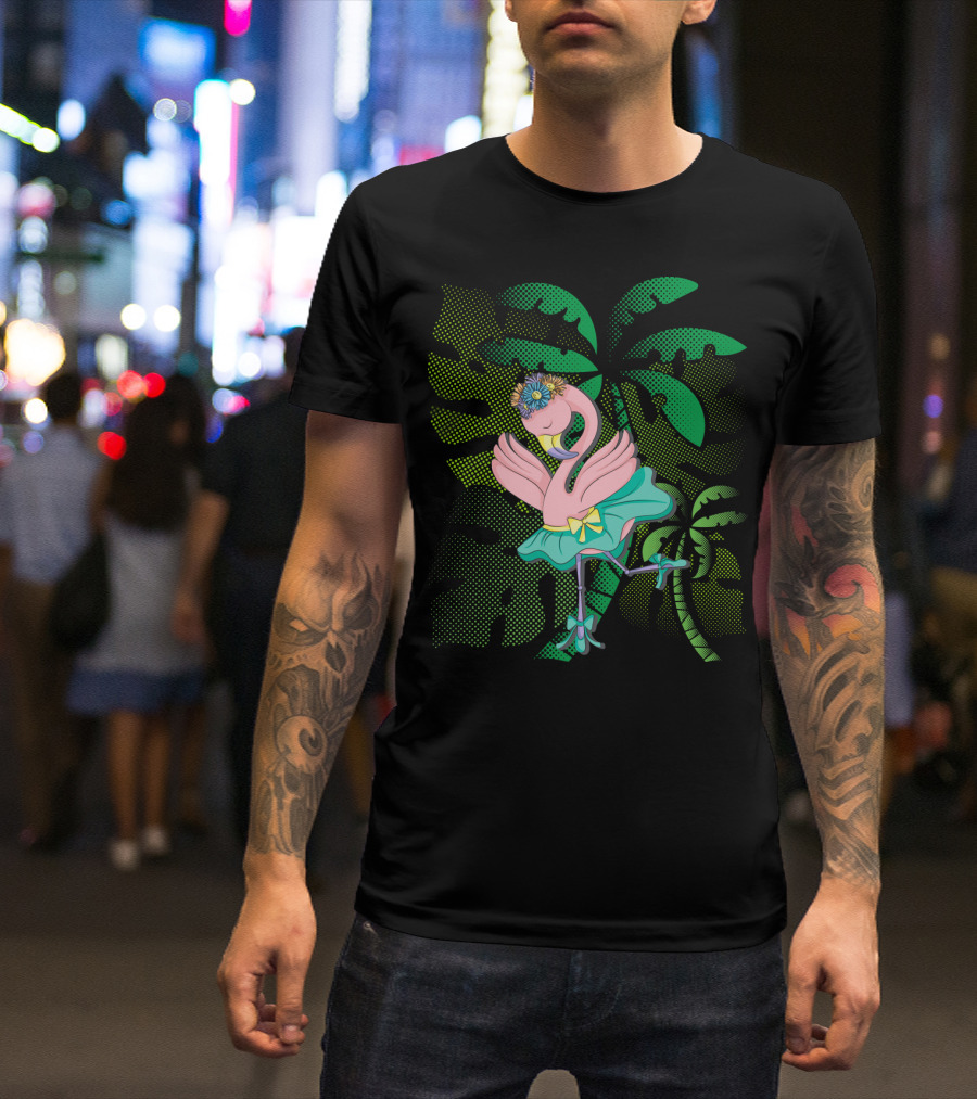 Flamingo Ballerina Tropical Ballet With Floral Headdress And Palm Leaves T-Shirt