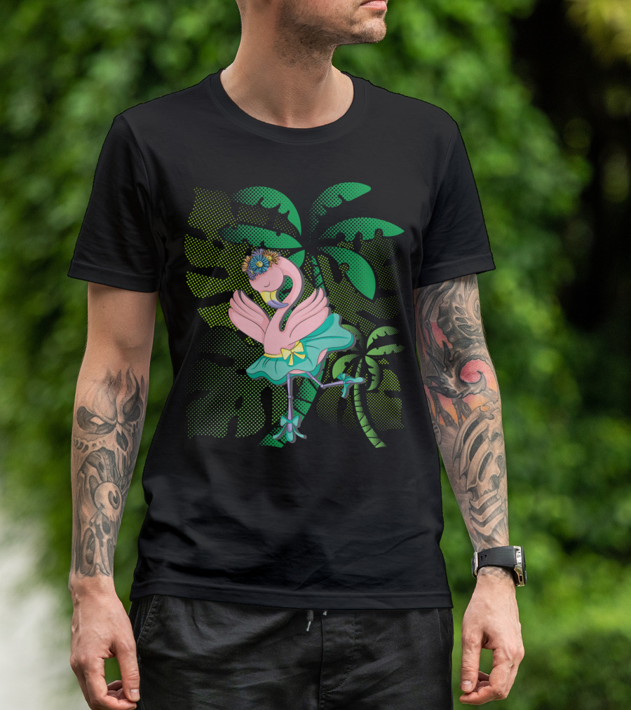 Flamingo Ballerina Tropical Ballet With Floral Headdress And Palm Leaves T-Shirt