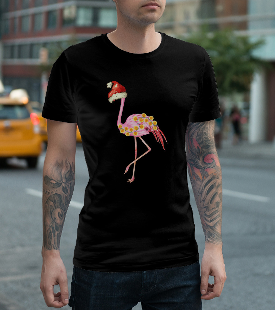 Santa Hat Flamingo With Festive Holiday Lights T-Shirt