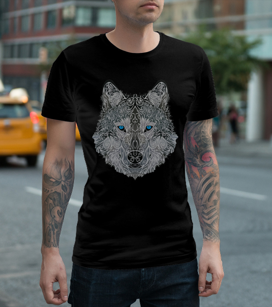 Blue Eyed Wolf Intricate Tribal T-Shirt
