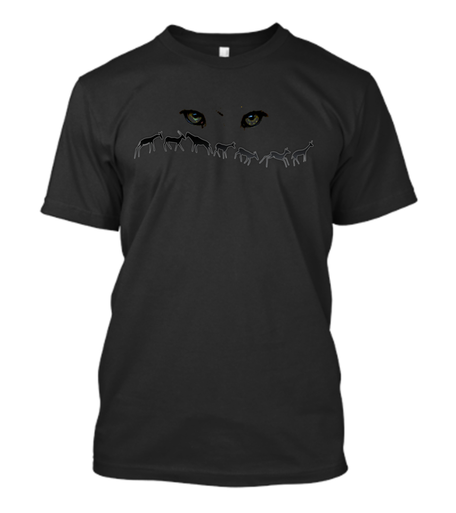 Hunter Cat Eyes Surrounded By Silhouettes Of Prey With Intense Predator Stare T-Shirt