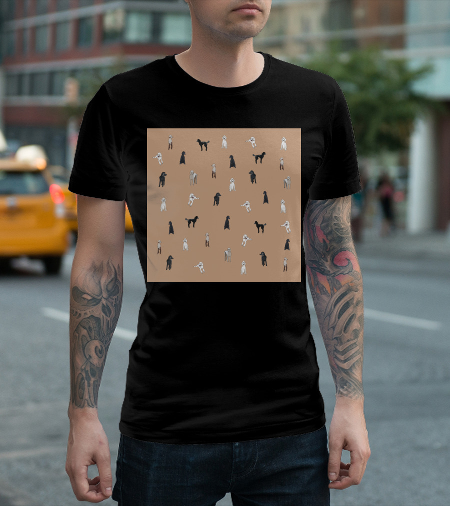 Oodles of Poodles Black and White Pattern on Tan Background T-Shirt