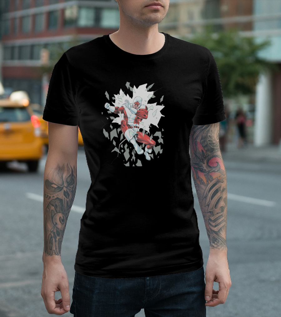 Canuck Breaking Thru Comic Hero in Red and White Suit Action T-Shirt