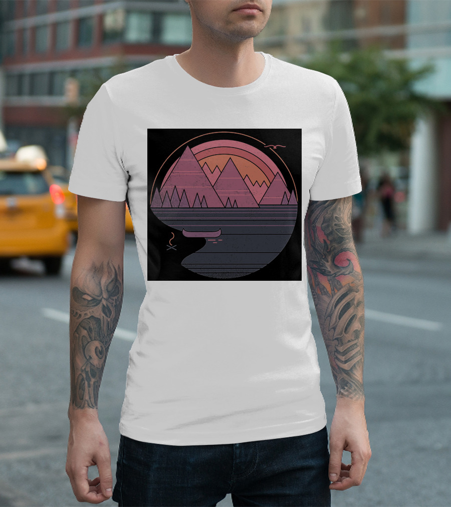 Geometric Mountain Sunset with Canoe and Campfire Scene T-Shirt