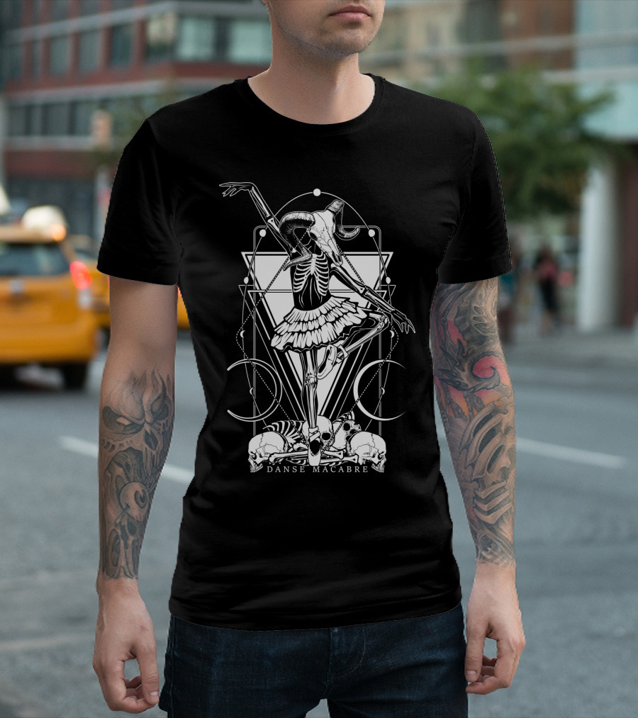 Ballet Skeleton With Ram Skull And Skulls In Danse Macabre T-Shirt