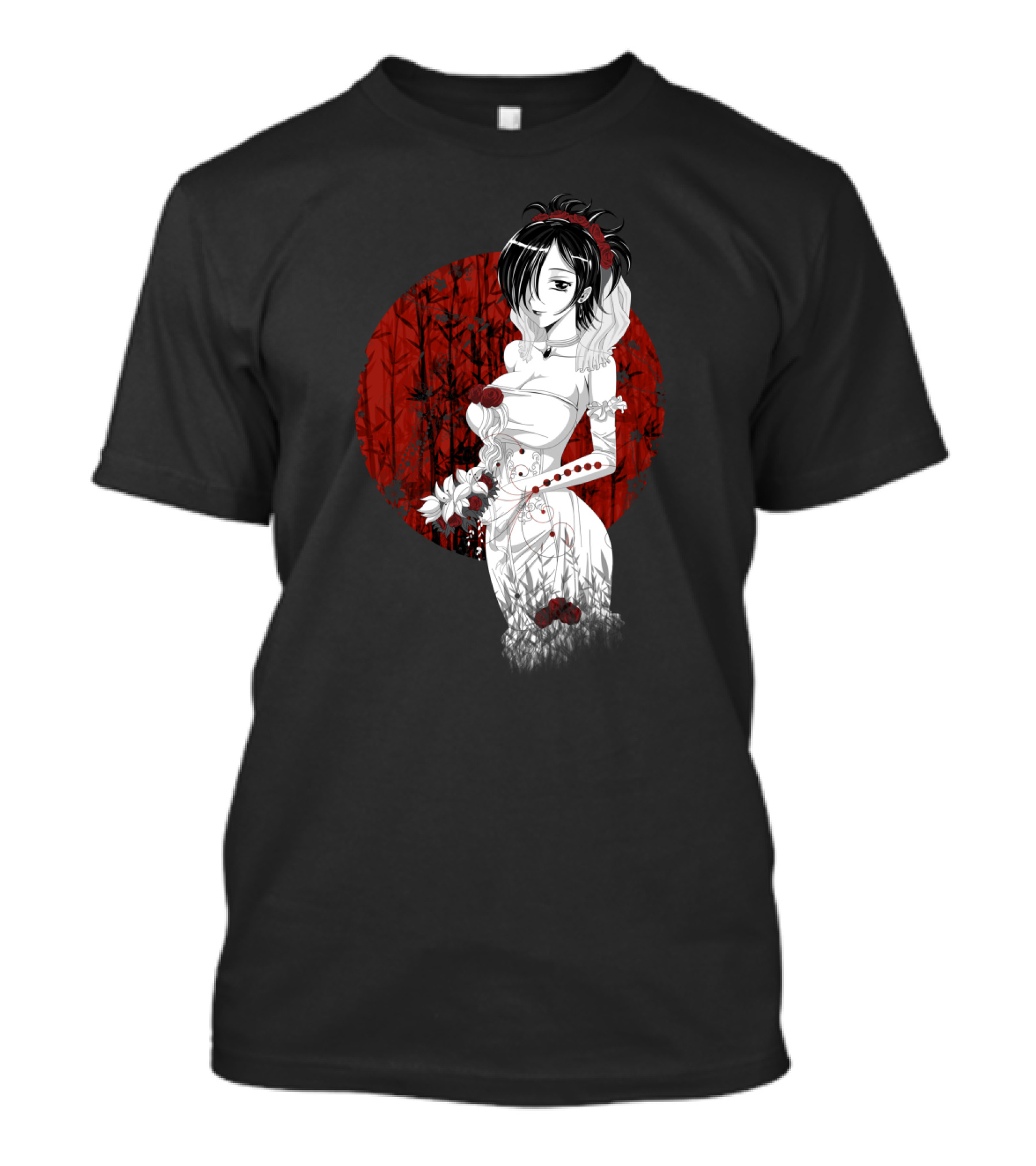 Japanese Wedding Bride With Red Circle Background And Floral Accents Anime T-Shirt