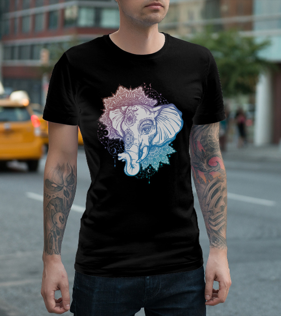 Elephant Mandala With Indian Floral Patterns And Mystical Motifs T-Shirt