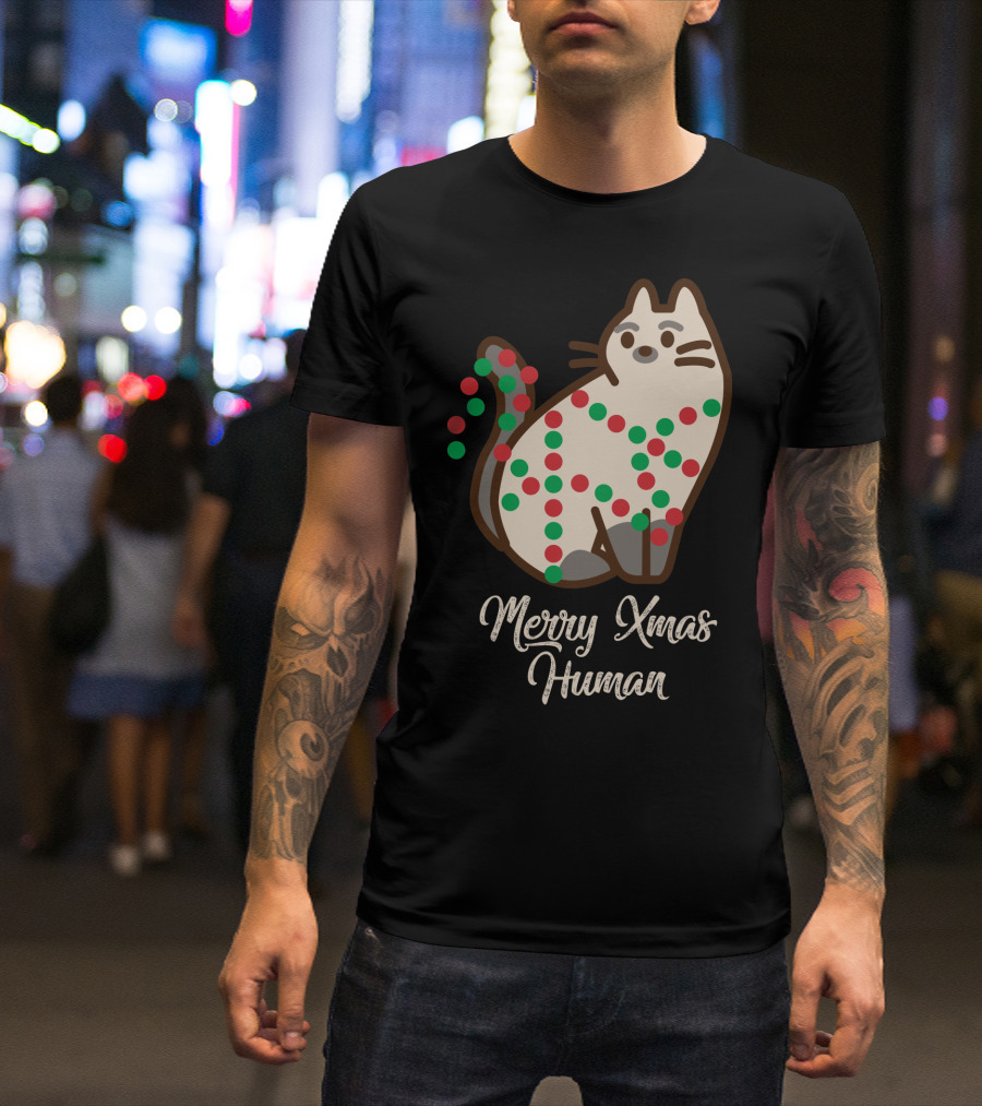 Merry Xmas Human Cat With Festive Lights And Santa Paws T-Shirt
