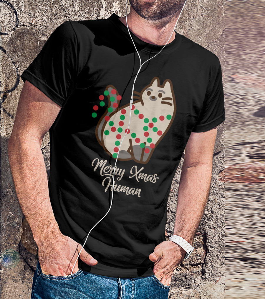 Merry Xmas Human Cat With Festive Lights And Santa Paws T-Shirt