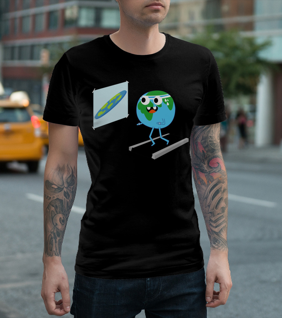 Cartoon Earth Exercising With Flat Earth Projection Concept T-Shirt