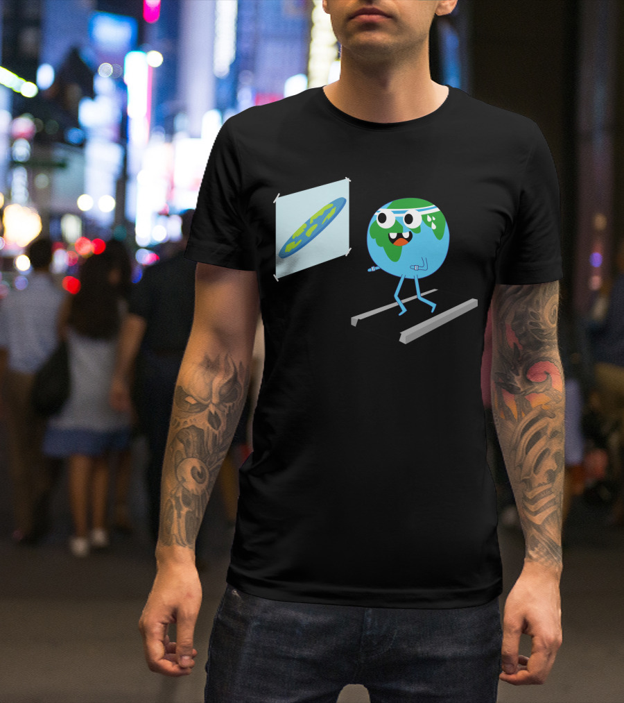 Cartoon Earth Exercising With Flat Earth Projection Concept T-Shirt