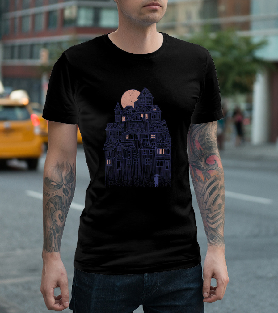 Rainy City Under a Moonlit Skyline with Dark Blue Buildings and Lone Figure with Umbrella T-Shirt