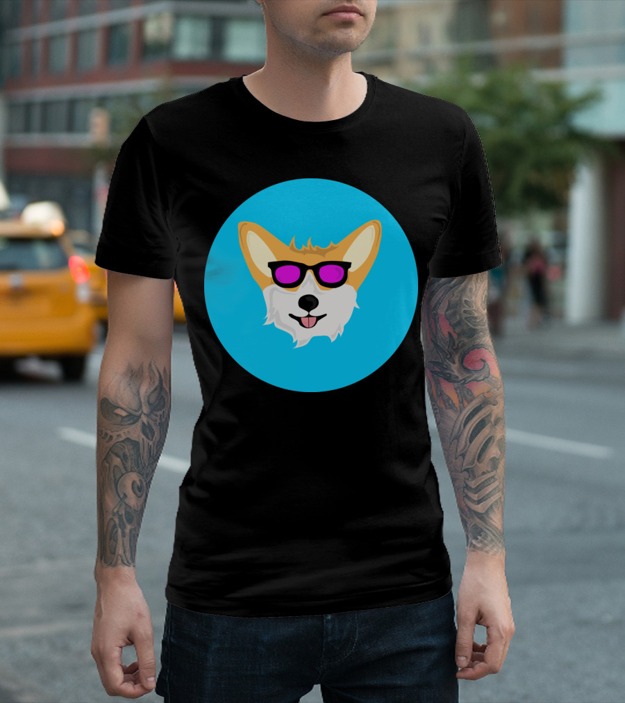 Cool Sunglasses Corgi on Blue Circle Background T-Shirt