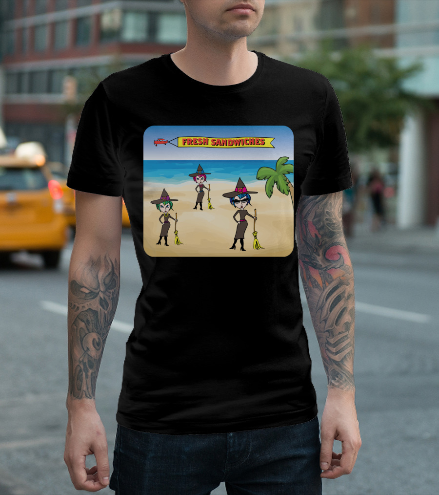 Fresh Sandwiches Beach Witches with Brooms and Palm Tree T-Shirt