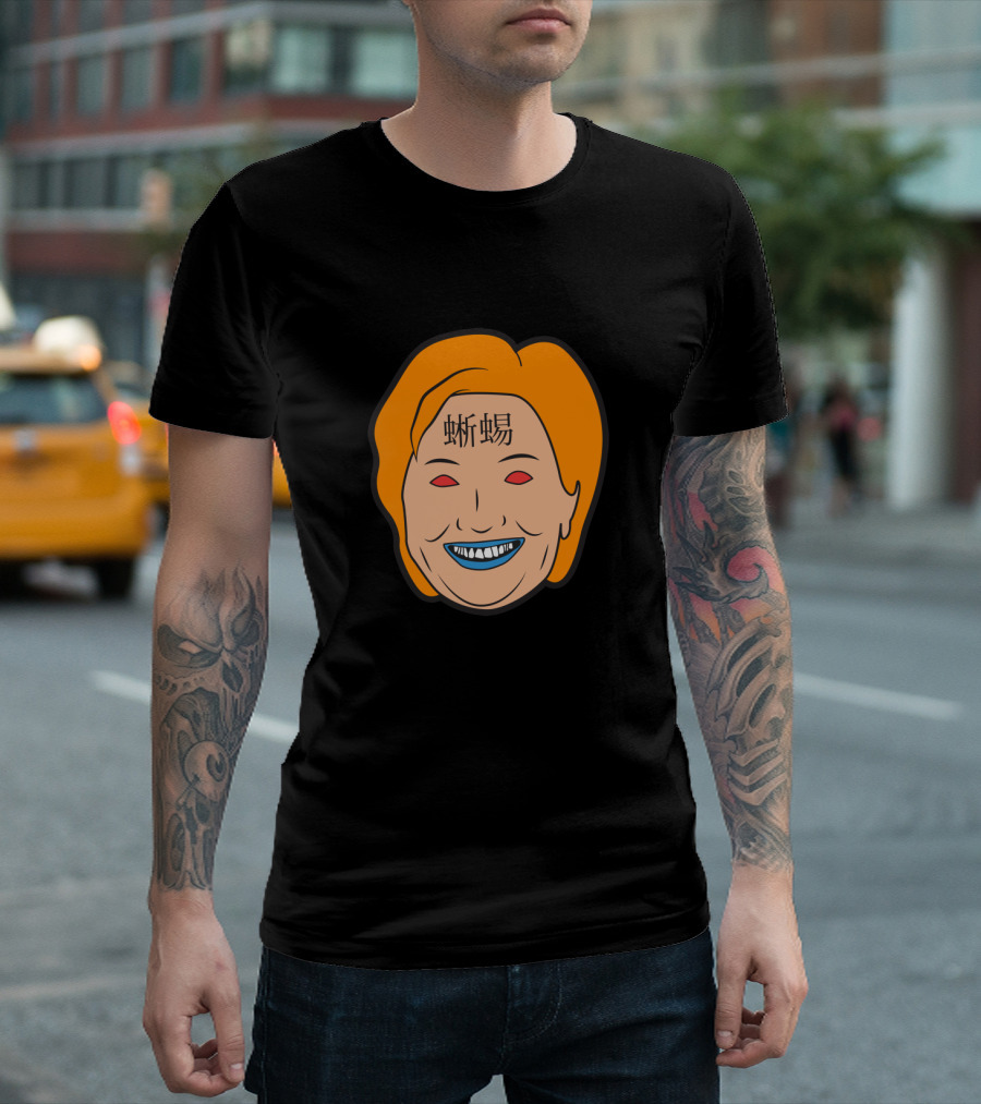 Hillary Clinton Parody Design with Kanji Text on Forehead and Orange Hair T-Shirt