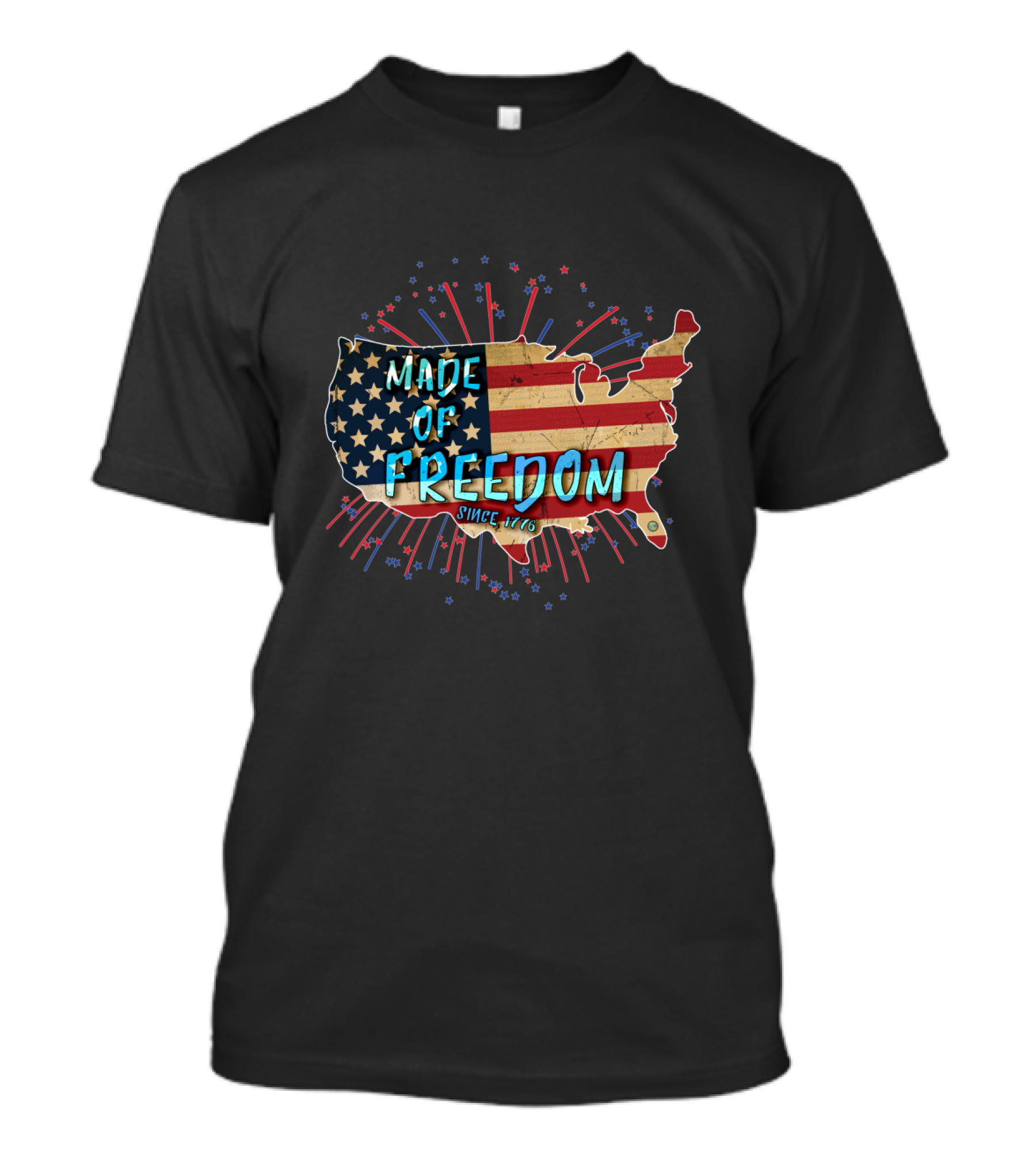 Made Of Freedom Since 1776 With USA Flag Map And Fireworks Icons T-Shirt
