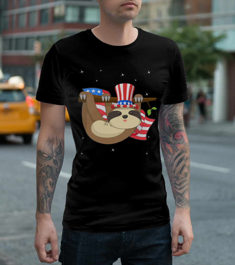 Patriot Climbing Sloth with American Flag and Uncle Sam Hat for Funny Independence Day T-Shirt