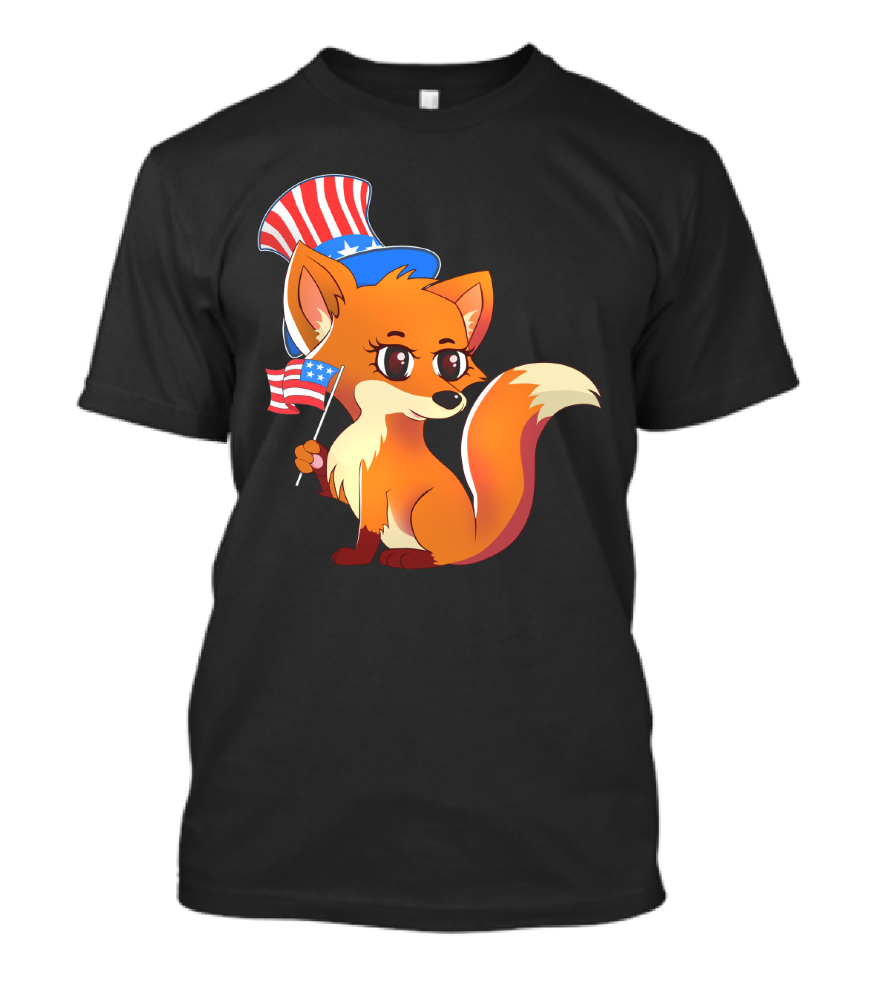 American Independence Patriot Fox With Stars And Stripes Hat And Flag T-Shirt