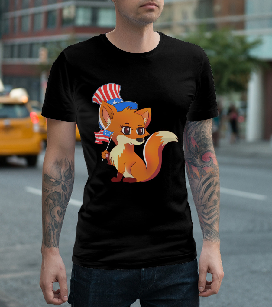 American Independence Patriot Fox With Stars And Stripes Hat And Flag T-Shirt