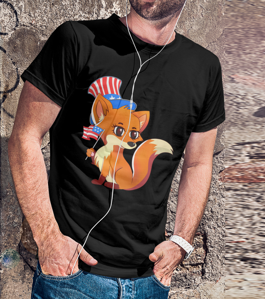 American Independence Patriot Fox With Stars And Stripes Hat And Flag T-Shirt