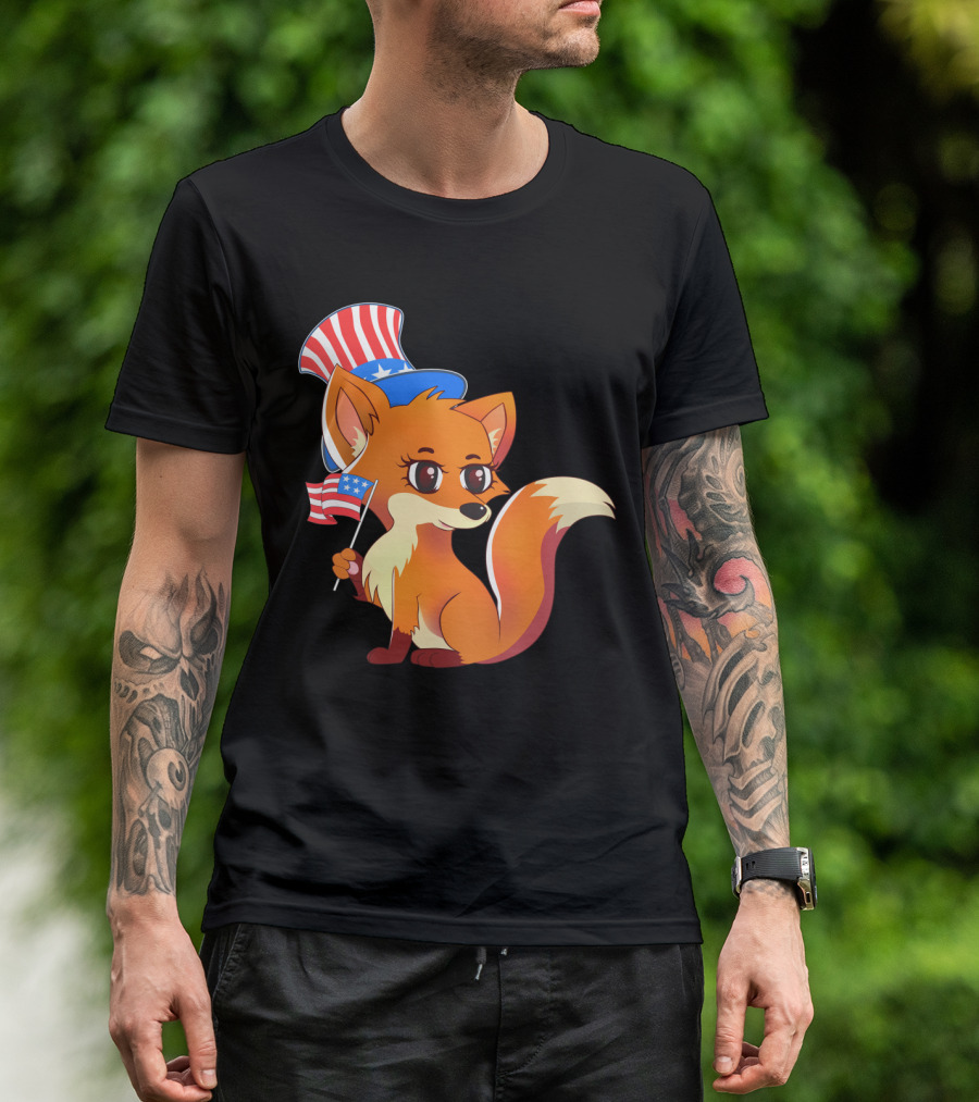 American Independence Patriot Fox With Stars And Stripes Hat And Flag T-Shirt