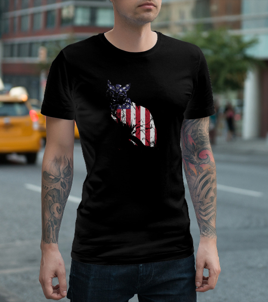 Amewica Cat with American Flag T-Shirt