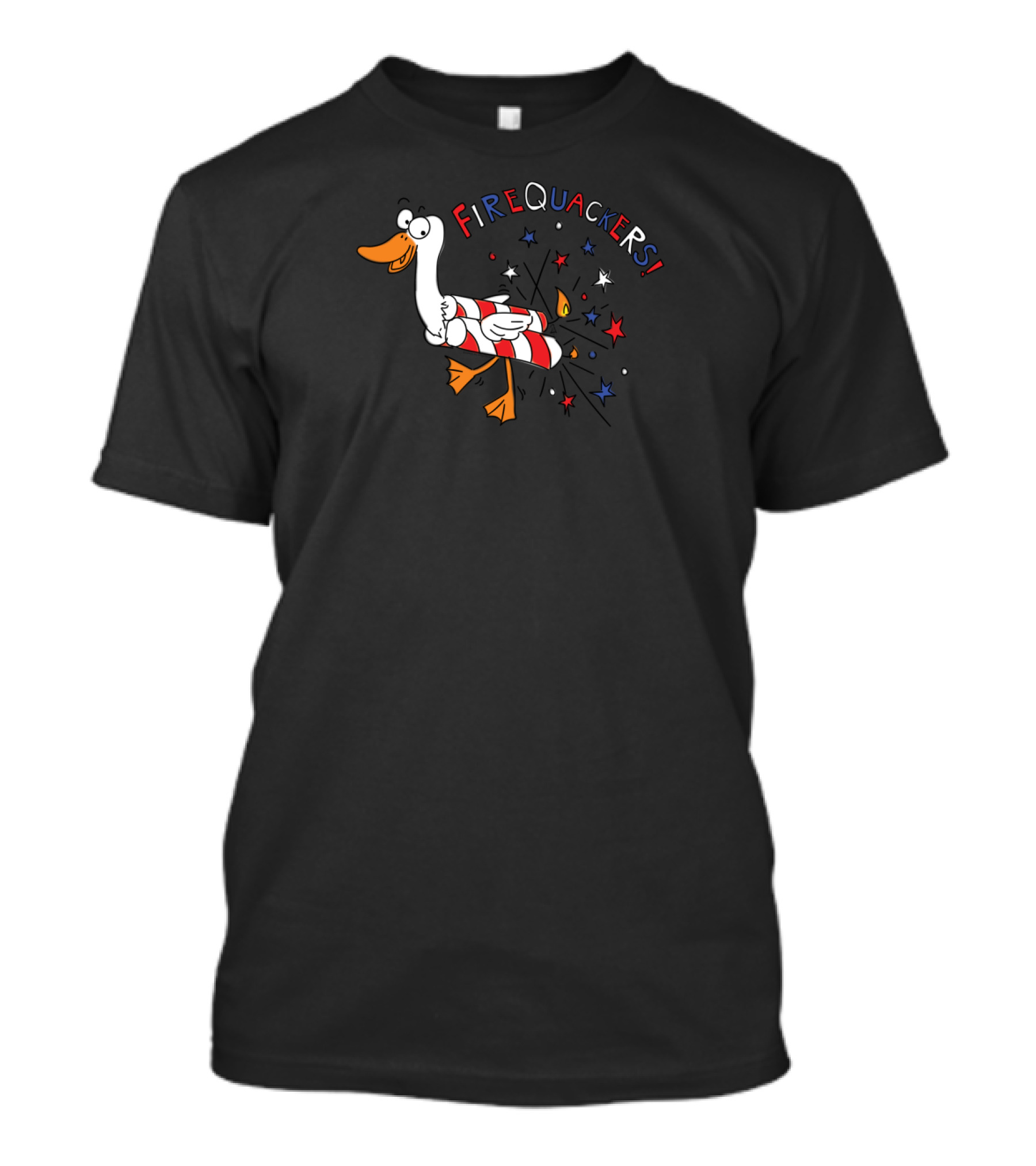 FireQuackers Duck Riding Rocket With Colorful Stars Explosion T-Shirt