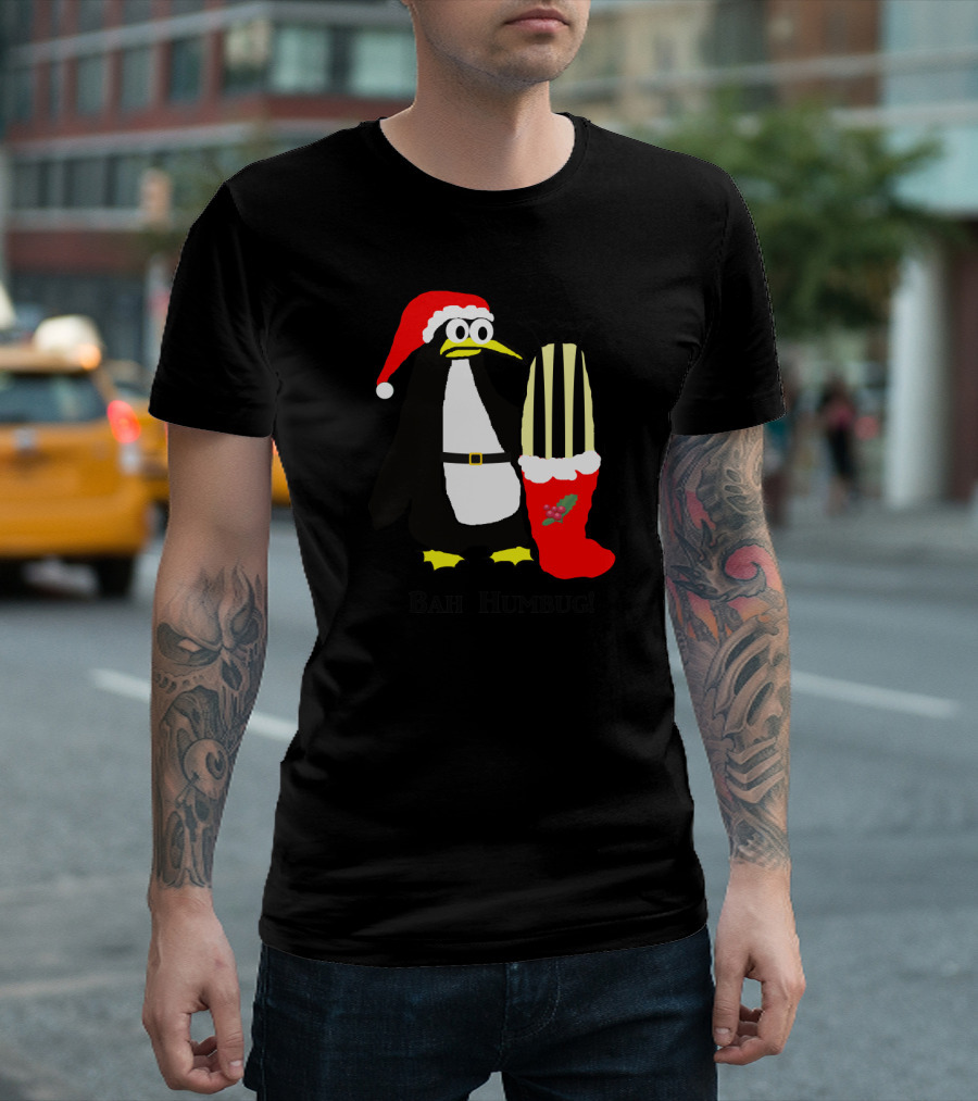 Santa Hat Penguin Grinch with Christmas Stocking Bah Humbug Mood T-Shirt