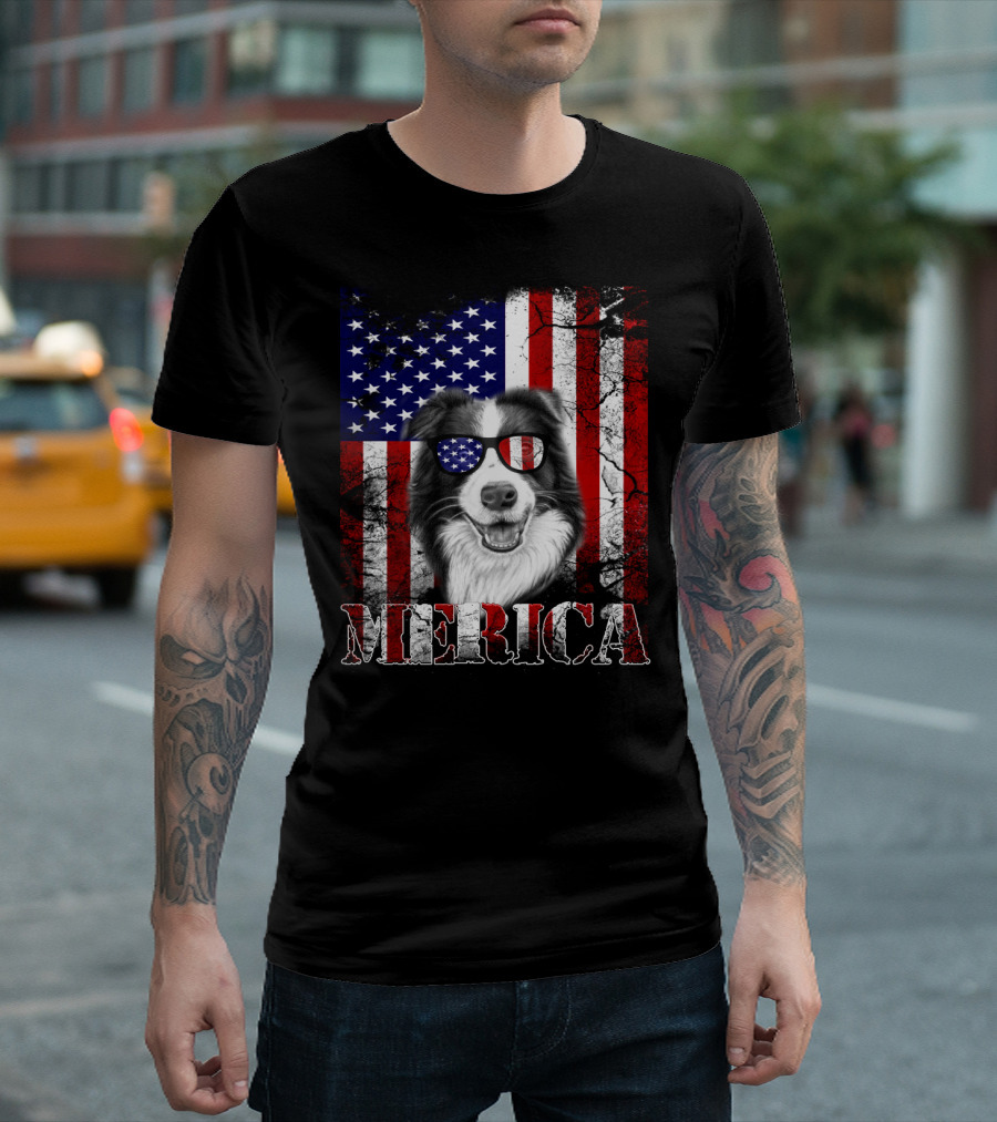 Merica Border Collie Wearing Patriotic American Flag Sunglasses For 4th Of July T-Shirt